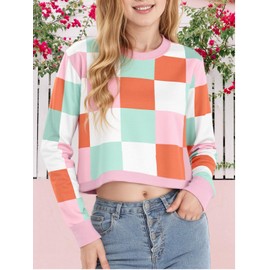 WIFFGO Girls Crop Sweatshirts Tops 7-14 Years Kids Long Sleeve Plaid Pullover Cute Crewneck Fall Winter Fashion For Teen Girl