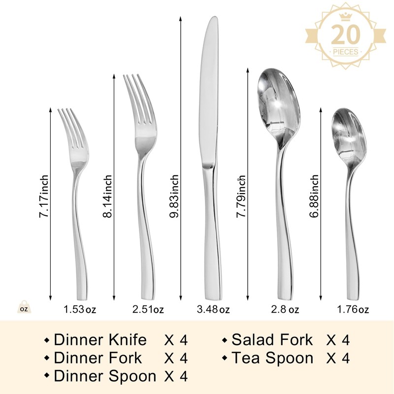 HIKAA 20PCS Extra Thickness Silver Heavy Duty Silverware Set Stainless