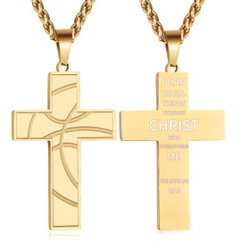 GLITTO Basketball Cross Necklace for Men Boys Kids Stainless Steel Pendant Chain Religious Christian First Communion Confirmation Inspirational Philippians 4:13 Jewelry Gift Christmas Gold