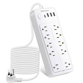 Asamoom 20FT 14-in-1 Power Strips with Surge Protection 1700J, 10 Outlets with 4 USB Ports (1 USB C) Long Extension Cord with Multiple Outlets 16Awg 1625W/13A Flat Plug Power Strip Protector White