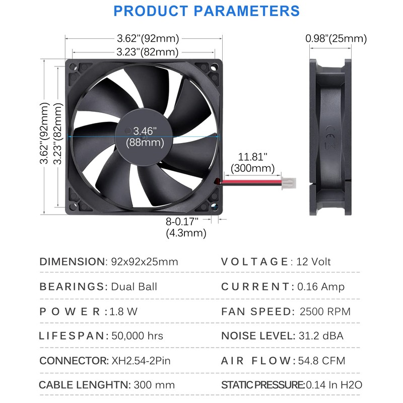 GDSTIME 2 Pack 92mm x 92mm x 25mm 12V Dual