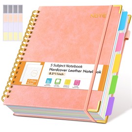 Hardcover Large Spiral Notebook 8.5" x 11" with Removable Dividers Tabs, 300 Pages Leather 5 Subject Notebook College Ruled, A4 Journal for Women Men, Notebooks for Work School Note taking, Pink