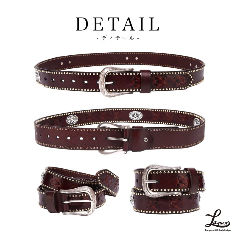 Laquest Western Men's Belt, Cowhide Leather, Concho, Knitted, Casual, 3.