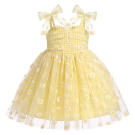 1st Birthday Girl Outfit Baby Floral Dress Princess Tutu Tulle Party Pageant Special Occasion Dresses Toddler Kids Spaghetti Straps Smocked Bowknot Wedding Little Flower Girl Dress Yellow 2-3T