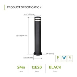 ASD 24 Inch Round Bollard Light Fixture | 60W E26 Socket 120V | Dimmable, Waterproof, LED/CFL/Incandescent Bulbs Compatible, ETL Listed | Outdoor Floor Lantern, Landscape Post Lighting | Black