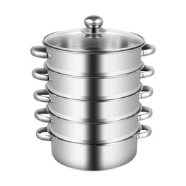 5-Tier Stainless Steel Steamer, Steamer Pot Meat Vegetable Cooking Steam Pot with Glass Lid Food-Grade Stainless Steel Food Cookware Pot for Dumplings and Vegetables Home Kitchen (Silver B 10inch)