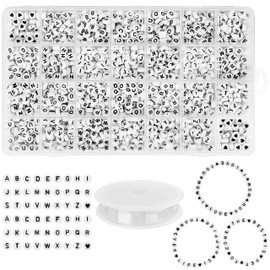 HANDI STITCH 1620 Pack White Plastic A-Z Alphabet Letter Beads with Storage Box - 7mm Round Bead with Black Letters & Crystal Thread - DIY Jewellery Charms for Making Bracelets, Necklaces & Crafts