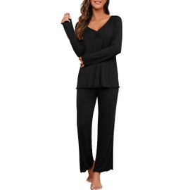 PrinStory 2024 Women's Pajama Set Long Sleeve Sleepwear Ladies Lounge Set Soft Pjs Loungewear Black-Medium