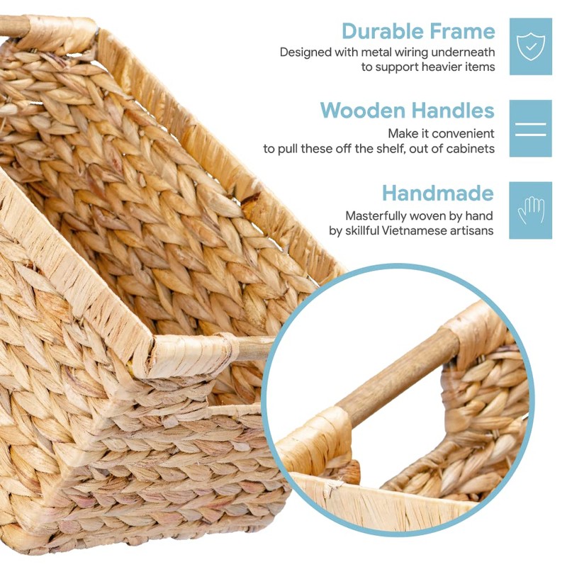 VATIMA Large Rectangular Wicker Basket with Wooden Handles for Shelves