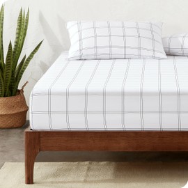 Bare Home Fitted Bottom Sheet King - Premium 1800 Microfiber - Ultra-Soft Wrinkle Free - Deep Pocket - Fitted Sheet (King, Modern Plaid - White/Grey)