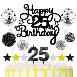 25th Geburtstag Kuchen Dekoration Kuchen Toppers Schwarz Zahl Kerzen Birthday Torten Dekoration Sternen Papierfächer Ballon Torte Toppers Kuchendeko für 25. Geburtstag Dekorationen Party Zubehör