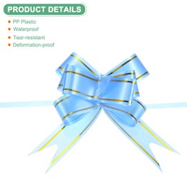 M METERXITY 100-Pack Ribbon Pull Bows, 3.74 Inch / 9.5cm Plastic Gold Edge Ribbon Bows for Gift Wrapping/Wedding/Flowers/Baskets Decorations, Satin Pull Bows [Light Blue Gift Bow]