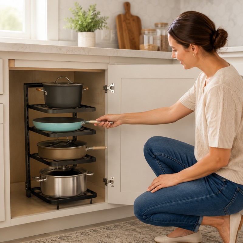 4-Tier Adjustable Pot Rack Organizer – Metal Kitchen Cabinet Shelf