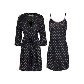 SofiePJ Women's Drawstring Waist Comfortable Soft Robe Cozy Belt Loops Printed Chemise and Robe 2 Piece Sleep Set Sleeping Relaxing Lounging Set DQ6Igf Black Pink PLUS1XL