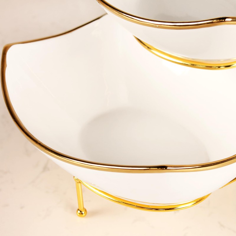 jinsongdafa 3-Tier Serving Rack Ceramic Bowls, Foldable Gold Stand with