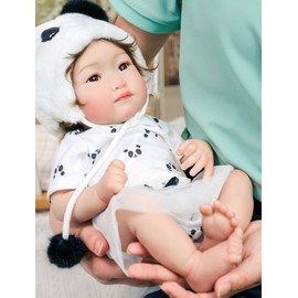 Cloveray Reborn Baby Dolls, 18 Inch Large Realistic Soft Body Asian Baby Doll with Panda Outfit, Brown Glass Eyes, Gift for Girls Ages 3+, Comforting Companion, Pretend Play, Collectible