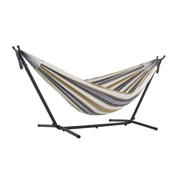 Vivere Double Cotton Hammock with Space Saving Steel Stand, Desert
