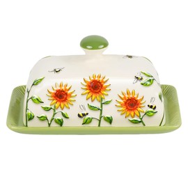 Butter Dish with Lid for Countertop, Sunflower Butter Keeper Holder, 7.5”x4.3” Large Ceramic Butter Tray Keeper Storage for East West Coast Butter Sunflower Decor for Kitchen