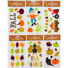 Fall Gel Cling Stickers for Windows and Mirrors - 6 Sheets of Reusable Seasonal Designs: Scarecrow, Leaves, Tractor, Pumpkins, Turkey Pumpkins and More!