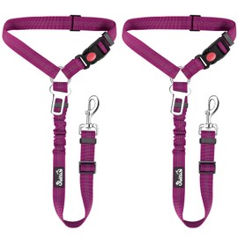 SlowTon Dog Seat Belt, 2 Pack Harness Seatbelt Adjustable With Elastic Bungee Buffer, 2 in 1 Pet Car Leash Headrest Restraint Reflective Safety Tether (Fushia, Dual Restraint)