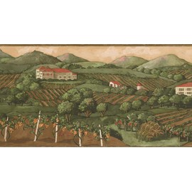 CONCORD WALLCOVERINGS ™ Wallpaper Border Country Pattern Village Fields for Kitchen Cottage Farmhouse, Brown Green Red Beige, 15 ft by 10 in KS76864