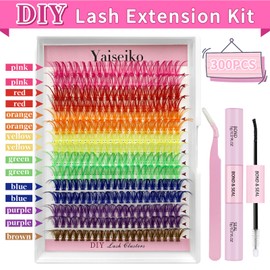 Colorful Lash Extension Kit with 300 Pcs 40D Colored Lash Clusters, Bond and Seal and Applicator 14 16mm Color DIY Eyelash Individual Lashes for Beginners Self Application DIY at Home, by Yaiseiko