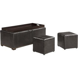 AC Pacific Vista Faux Leather Storage Bench for Bedroom and Living Room, with 2 Ottomans for Seating, Stylish Multi-Functional Furniture, Tufted Nail Head Design, Large, Black