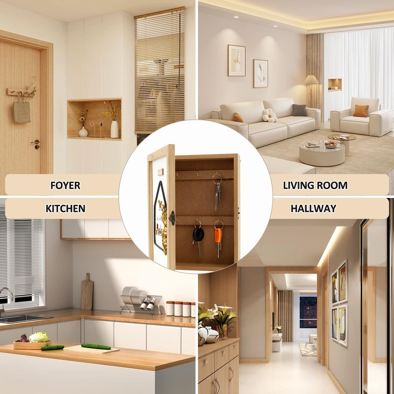 NIHUIFDPY Key Cabinet Wall Mounted, Wood Key Box with 6