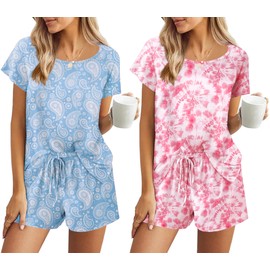 Ekouaer Womens Pajama Set Short Sleeve Sleepwear 2 Pack Pj Top and Shorts Set Crew Neck Nightwear Tie Dye/Blue Print,XX-Large