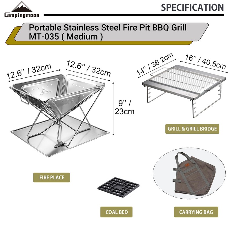 CAMPINGMOON 3-in-1 Portable Stainless Steel Wood Burning Grill and Fire