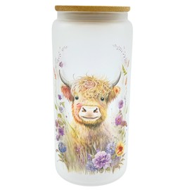 20oz Frosted Glass With Bamboo Lid and Plastic Straw - Western (Highland Cow #1, 20oz)