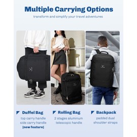 Hynes Eagle Rolling Backpack 42L Backpack with Wheels Airline Approved Carry on Luggage Laptop Travel Backpack for Women Men Jet Black with 3PCS Packing Cubes Set Black