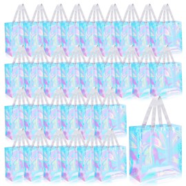 Eccliy 30 Pack 12x12x6 Inch Clear Tote Bag Stadium Approved Bulk Plastic Tote Gift Bag with Handle for Gym Sports Beach (Holographic)