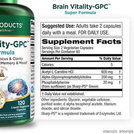 Purity Products Brain Vitality-GPC Super Formula Acetyl L-Carnitine HCI + Alpha GPC + Phosphatidlyserine - Supports Normal Concentration and Mental Clarity - 120 Caps
