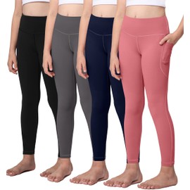 AENLLEY Yoga Active Leggings for Girls with 2 Pockets - Kids Workout Yoga Pants for Athletic (Pack of 4)