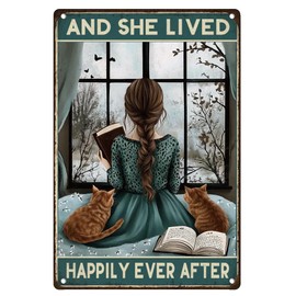 Lady and Cat Wall Decor Sign And She Lived Happily Ever After Vintage Metal Tin Sign for Wall Decoration,Wall Sign Gift 20 x 30cm