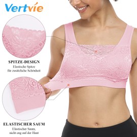 Vertvie Women Lace Sports Bra 3PCS Wireless Seamless Push Up Bra Support Crop Top with Removable Pads Lounge Bra for Yoga Fitness Running Exercise(A- Black+ White+ Pink,L)