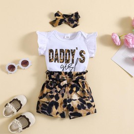 HEOXIN Baby Girl Infant Clothes Set, Newborn Clothing, Ruffle Short Sleeve Bodysuit, Bowknot Waist, Leopard Print Shorts, Snap Button Crotch Headband, Summer Tiny Girls Outfit, Brown, 3-24 Months