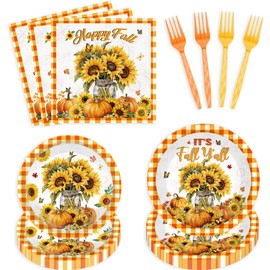 MOIZYNG 96 Pcs Happy Fall Plates and Napkins Party Supplies, Autumn Sunflower and Pumpkin Tableware Set, Thanksgiving Fall Birthday Party Decorations, Serves 24 Guests