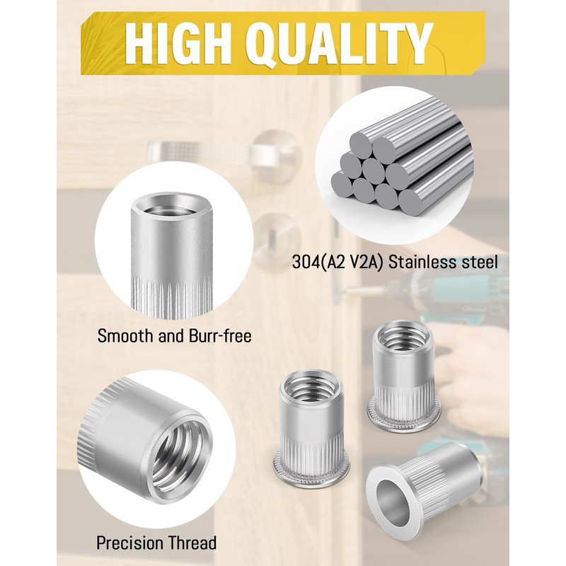 Caianwin Flat Head Rivet Nuts Stainless Steel A2 V2A Threaded