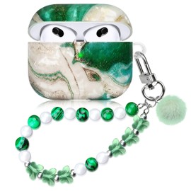 Compatible with AirPods 3 Case Protective Cover and Skin Case for AirPods 3 Full Protection Protective Case with Pearl Lanyard for Girls Women Green Butterfly