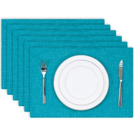 Kevin Textile Burlap Linen Placemats Set of 6 Heat Resistant Dining Table Place Mats Washable Kitchen Table Mats for Dinning Party Holiday Indoor Outdoor, 13 x19 inches,Peacock Blue