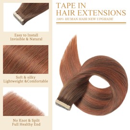 Tape in Hair Extensions Human Hair 20 Inch 20pcs Invisible Tape ins Hair Extensions Real Human Hair Ombre Chocolate Brown Mixed Dark Auburn Remy Seamless Tape Hair Extensions(4/4/33#, 20 Inch)