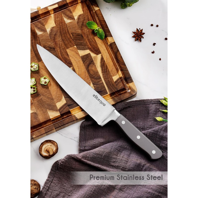 elitequo 13 pieces Kitchen Knife Block Set with Sharpener,Dishwasher Safe,German