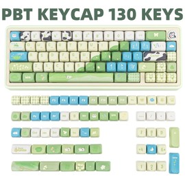 COOMICKEY PBT Keycaps 130 Keys Cute Cat Keycaps Dye-Sublimation Green Anime Key Cap MOA Profile Custom Keycap Set for Cherry Gateron MX Swithes Mechanical Keyboards ANSI Layout