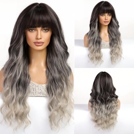 CGVG Long Curly Wavy Wig with Fringe Colour Gradient Black to Grey Wig Women's Natural Synthetic Heat Resistant Hair for Party Cosplay Concert Theme Party