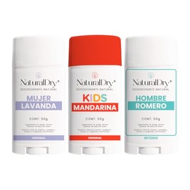 NaturalDry Kids - Pack de 3 desodorantes naturales para mujer, hombre y niño - Aroma a lavanda, romero y mandarina - Formato en barra - Desodorantes naturales para axilas