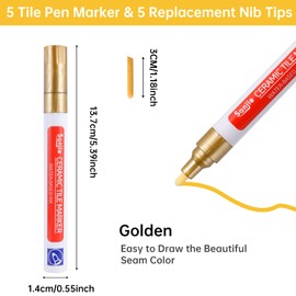 5PCS Tiles Grout Pen, Grout Pen Silver for Tiles, Waterproof Grouting Pens, Floor Grout Restorer with Replacement Nib Tip, for Restoring Tile Gap Floor Kitchen Bedroom Bathroom Balcony Wall (Golden)