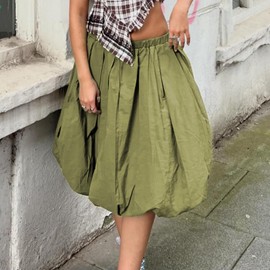 Women Y2k Bubble Skirt Going Out Midi Skirt Elastic High Waist Solid Color Puffball Hem Short Skirt Dress Streetwear (Green, XL)