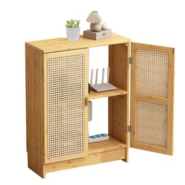 Jueraori WiFi Router Storage Cabinet with Adjustable Shelves, 2-Tier Bamboo Rattan Standing Modem Organizer Box for Home & Office, No Back Panel, 27.6" x 19.7" x 9.8"